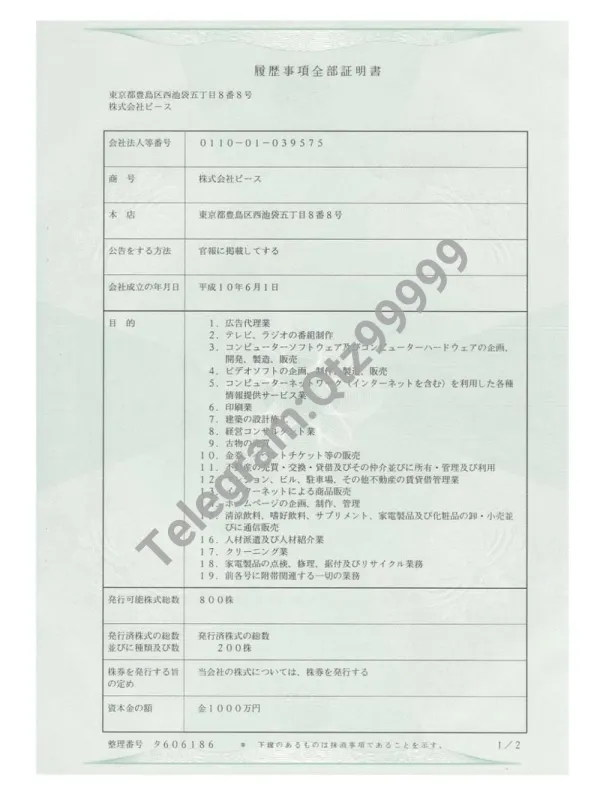 Japan Company Certificate日本公司营业执照pdf模板