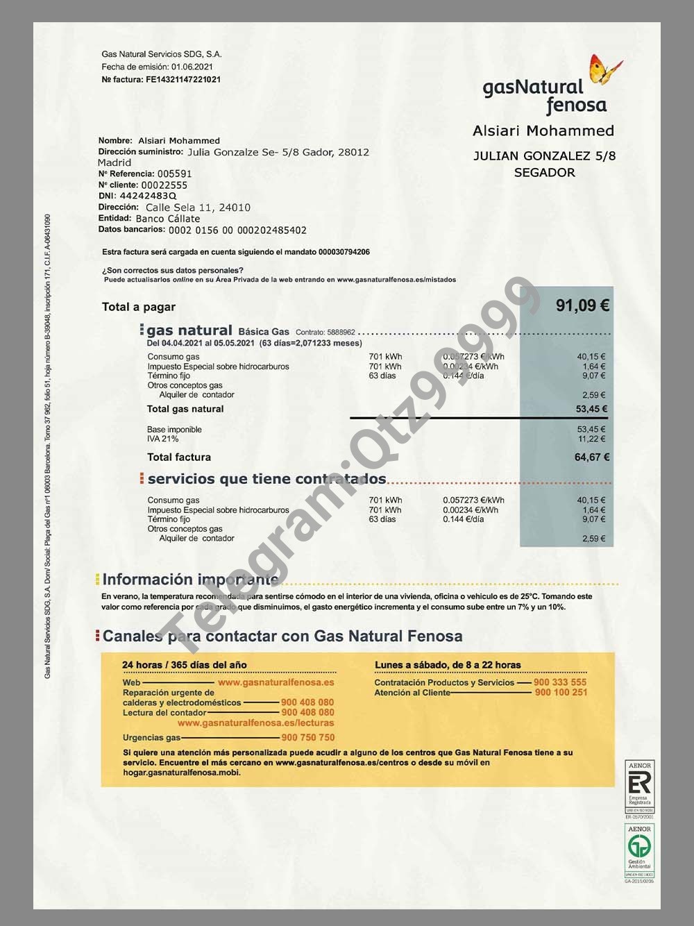 西班牙|南美 Gas Natural Utility Bills水电费账单/KYC地址证明PS/PSD模板 高清原件/PDF/PSD下载 - 地址证明风控解除