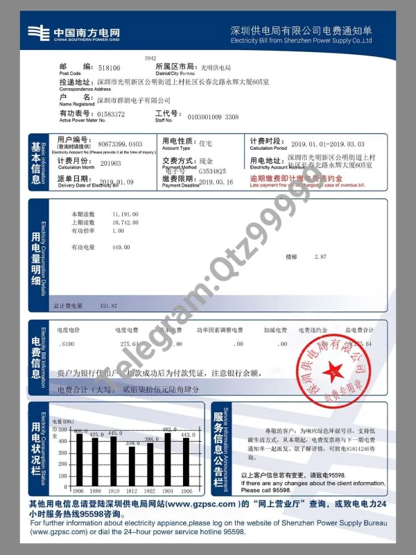 China Southern Power Grid Utility Bills南方电网水电费账单PS/PSD模板
