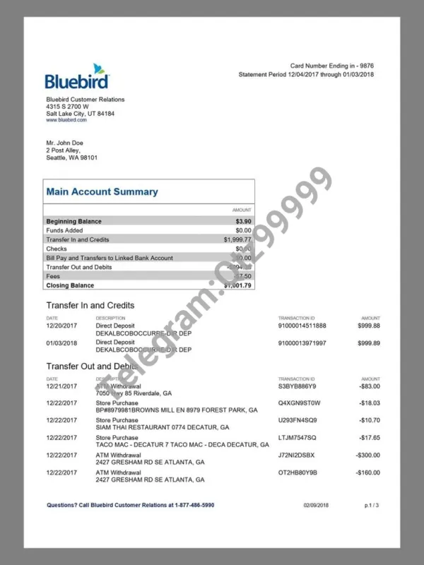 美国BlueBird Bank Statement银行账单/KYC地址证明word模板