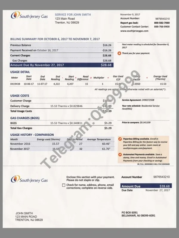 USA New Jersey South Jersey Gas Utility Bills美国新泽西水电费账单PS/PSD模板