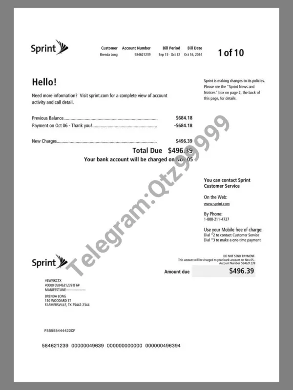 美国USA Sprint Cell Phone Bill电话水电费账单/KYC地址证明pdf模板