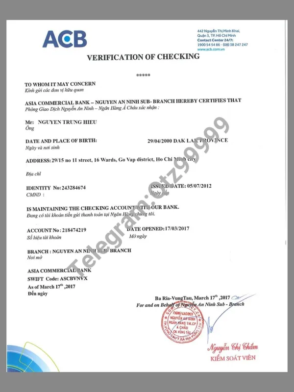 Vietnam ACB Verification of Checking越南亚洲商业银行支票账户验证PSD模板