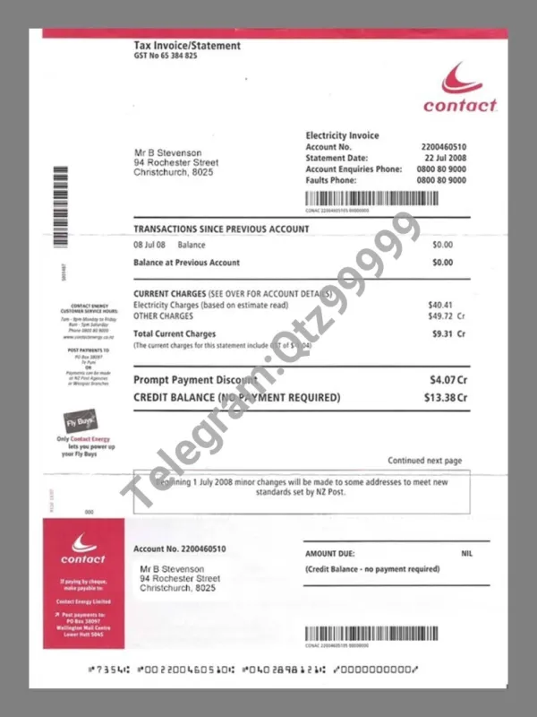 新西兰New Zealand Contact Company Utility Bills水电费账单/KYC地址证明psd模板