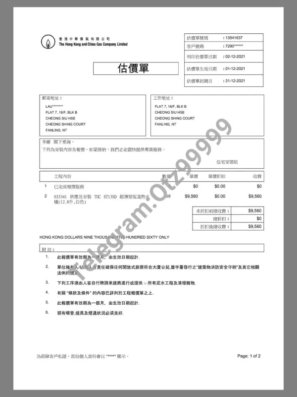 China| Hong Kong Gas Utility Bills香港煤气公司账单pdf模板