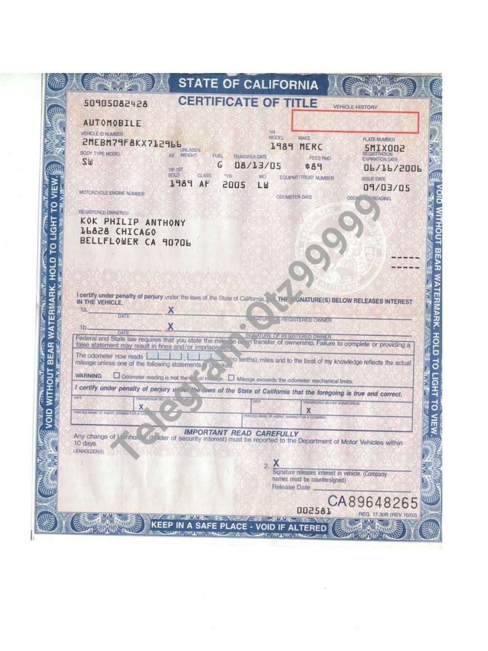 USA California Car Tilte Template美国加州车辆产权证书pdf模板 高清原件/PDF/PSD下载 - 地址证明风控解除