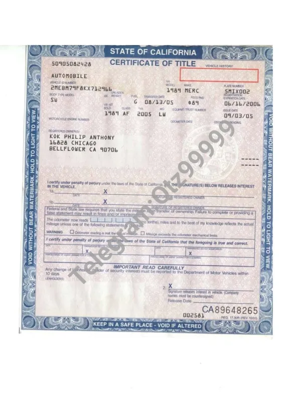 USA California Car Tilte Template美国加州车辆产权证书pdf模板