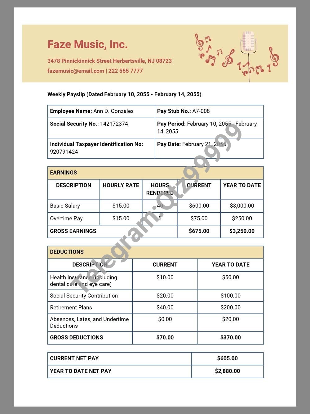FaZe Music Paystub template娱乐公司收入证明/工资账单Word模板 高清原件/PDF/PSD下载 - 地址证明风控解除