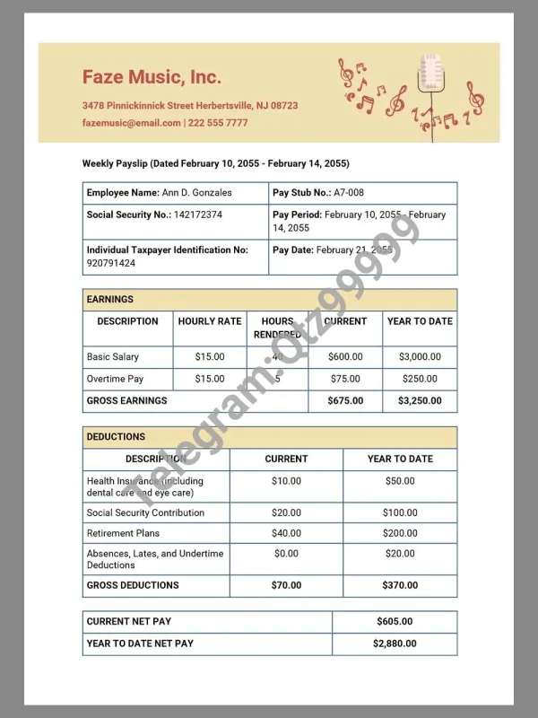 FaZe Music Paystub template娱乐公司收入证明/工资账单Word模板
