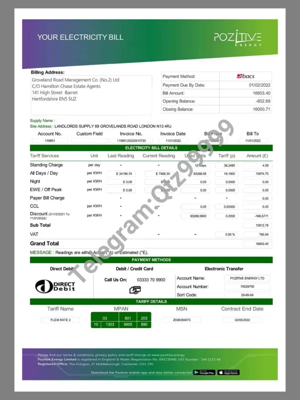 UK Pozitive Company Business Utility Bills英国公司水电费账单/地址证明pdf模板