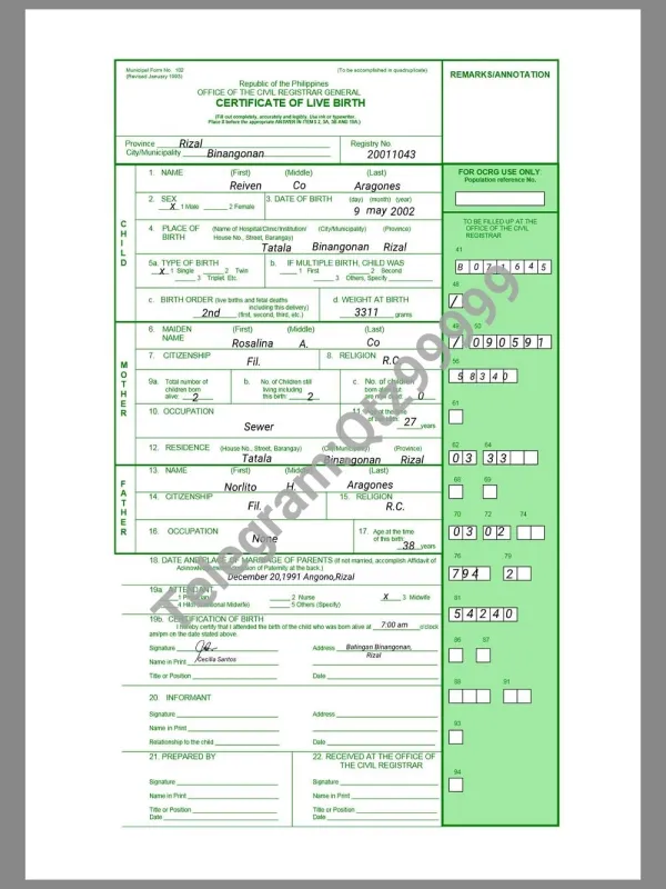 Philippines Birth Certificate Template菲律宾出生证明PDF模板（V1）
