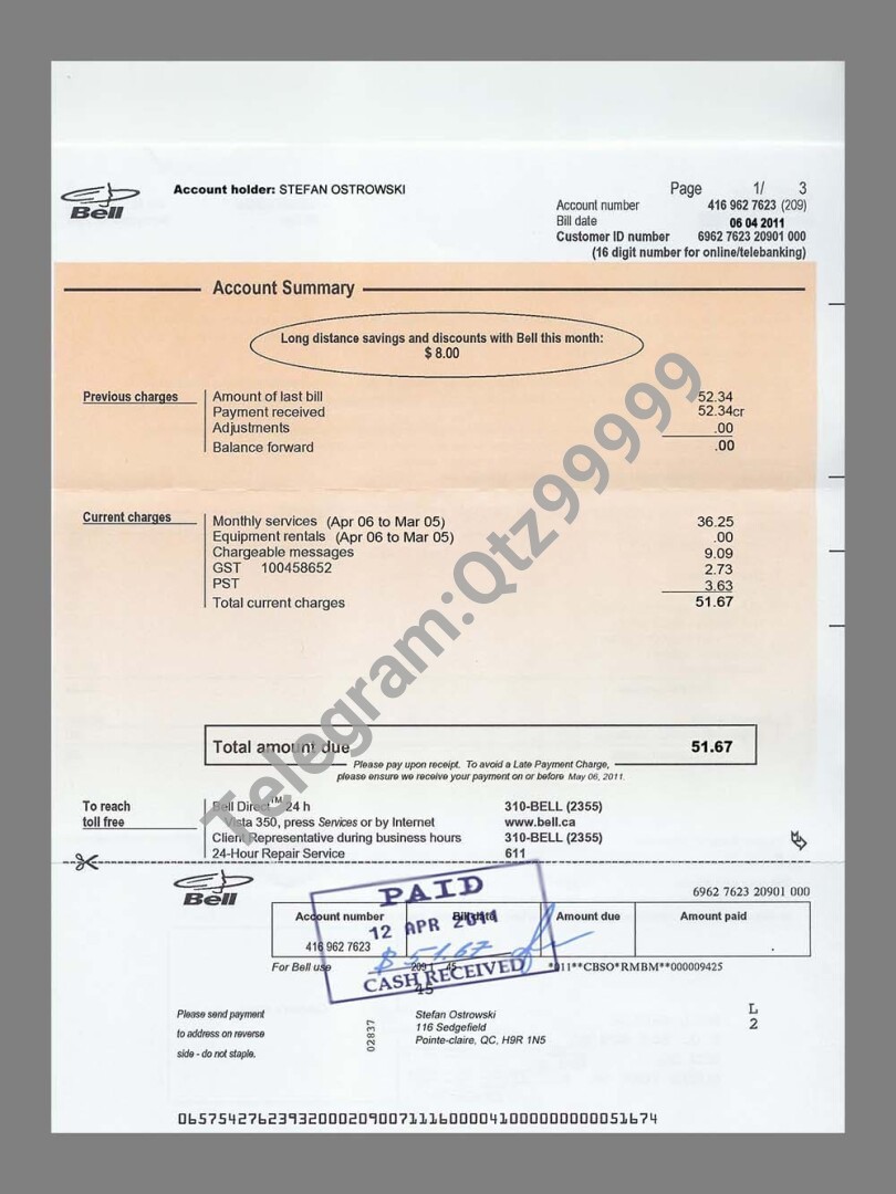 北美|加拿大Canada BELL Mobile Bills水电费账单/KYC地址证明psd模板