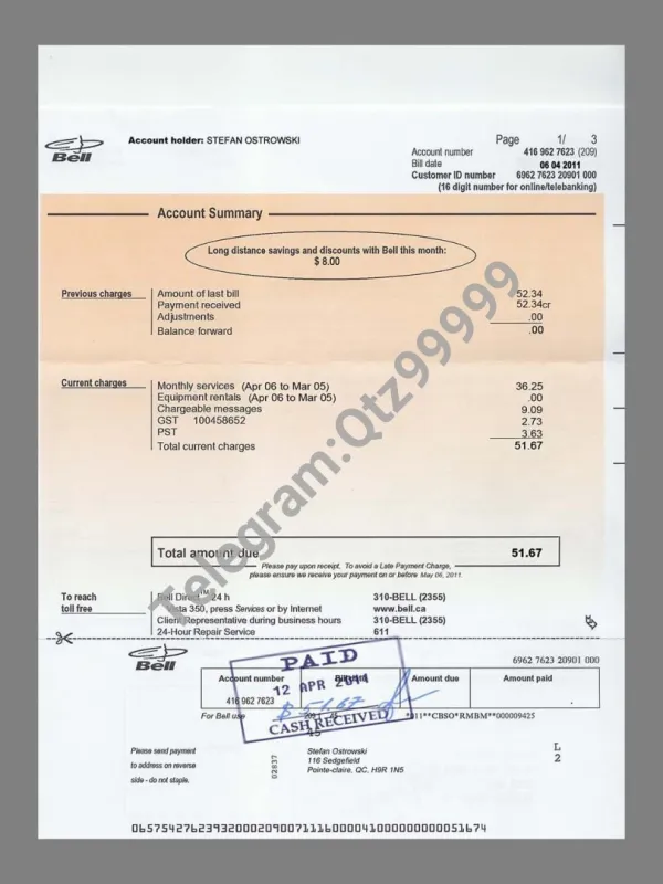 北美|加拿大Canada BELL Mobile Bills水电费账单/KYC地址证明psd模板