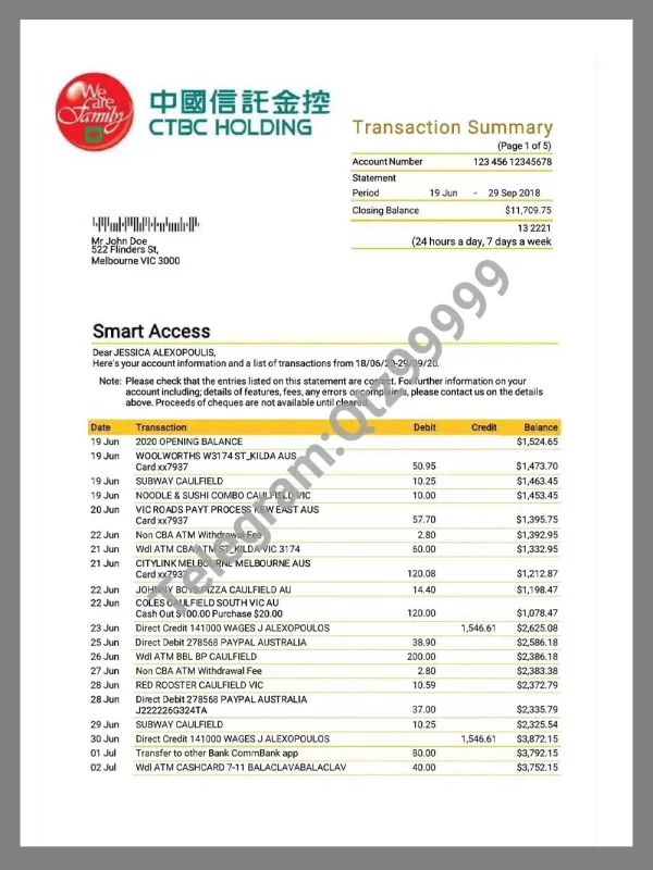 中国|Taiwan Bank Statement台湾银行账单/地址证明pdf模板