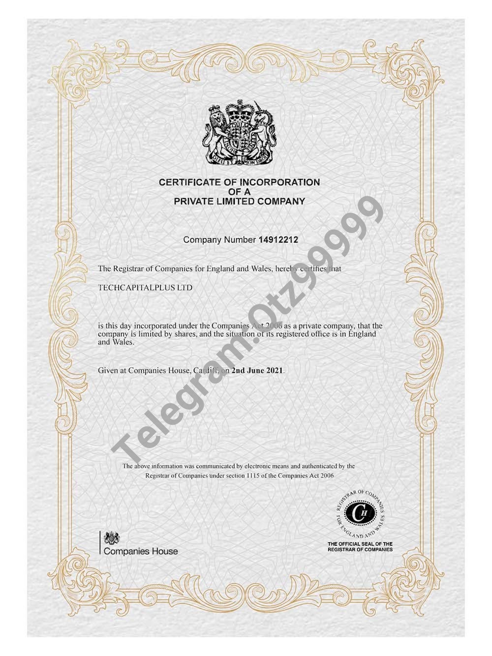 UK/England Company Certificate英国营业执照pdf模板（V2） 高清原件/PDF/PSD下载 - 地址证明风控解除