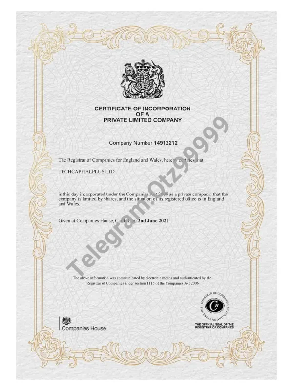 UK/England Company Certificate英国营业执照pdf模板（V2）