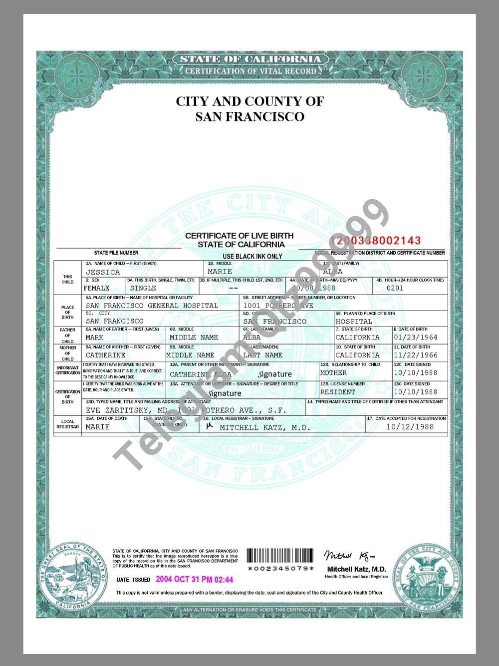 USA California San Francisco Birth Certificate美国加州旧金山出生证word模板