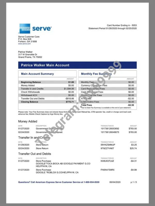 American Express Account Summary Statement银行账单/KYC地址证明pdf模板