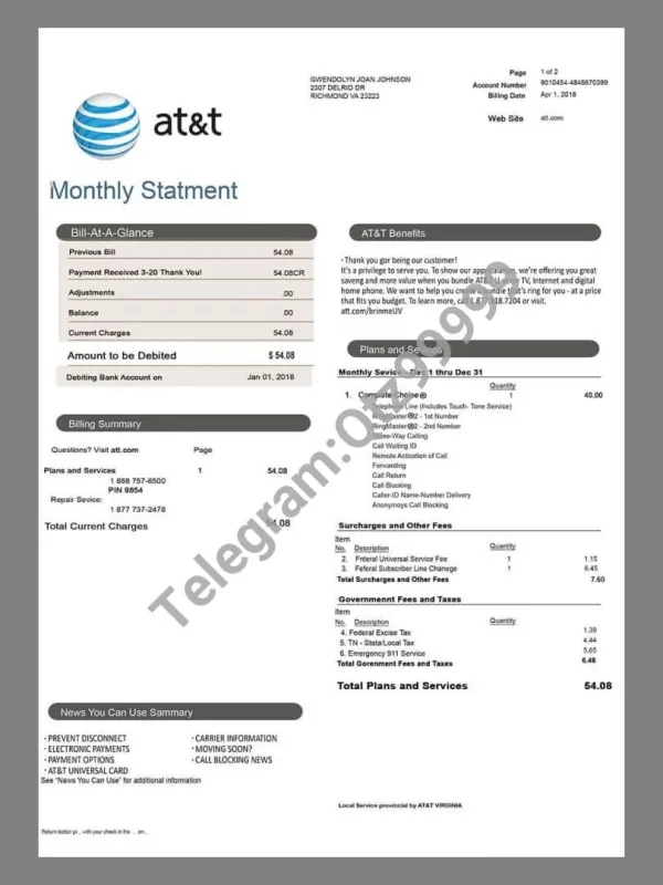 美国USA AT&T Utility Bills电信水电费账单/KYC地址证明psd模板