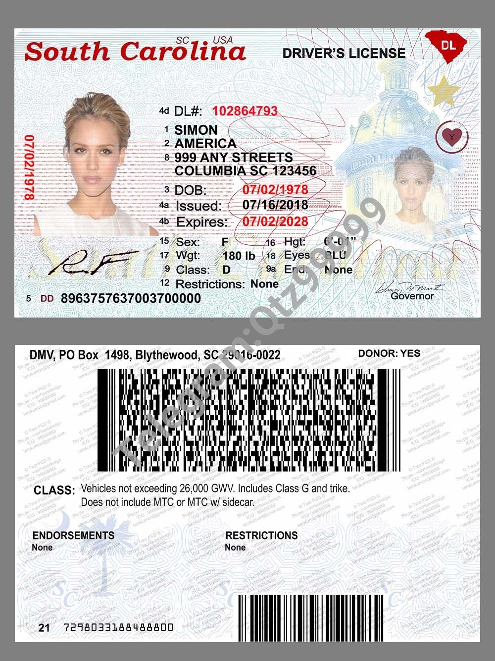 USA South Carolina DL美国南卡罗莱纳州驾照PS/PSD模板(print-V1) 高清原件/PDF/PSD下载 - 地址证明风控解除
