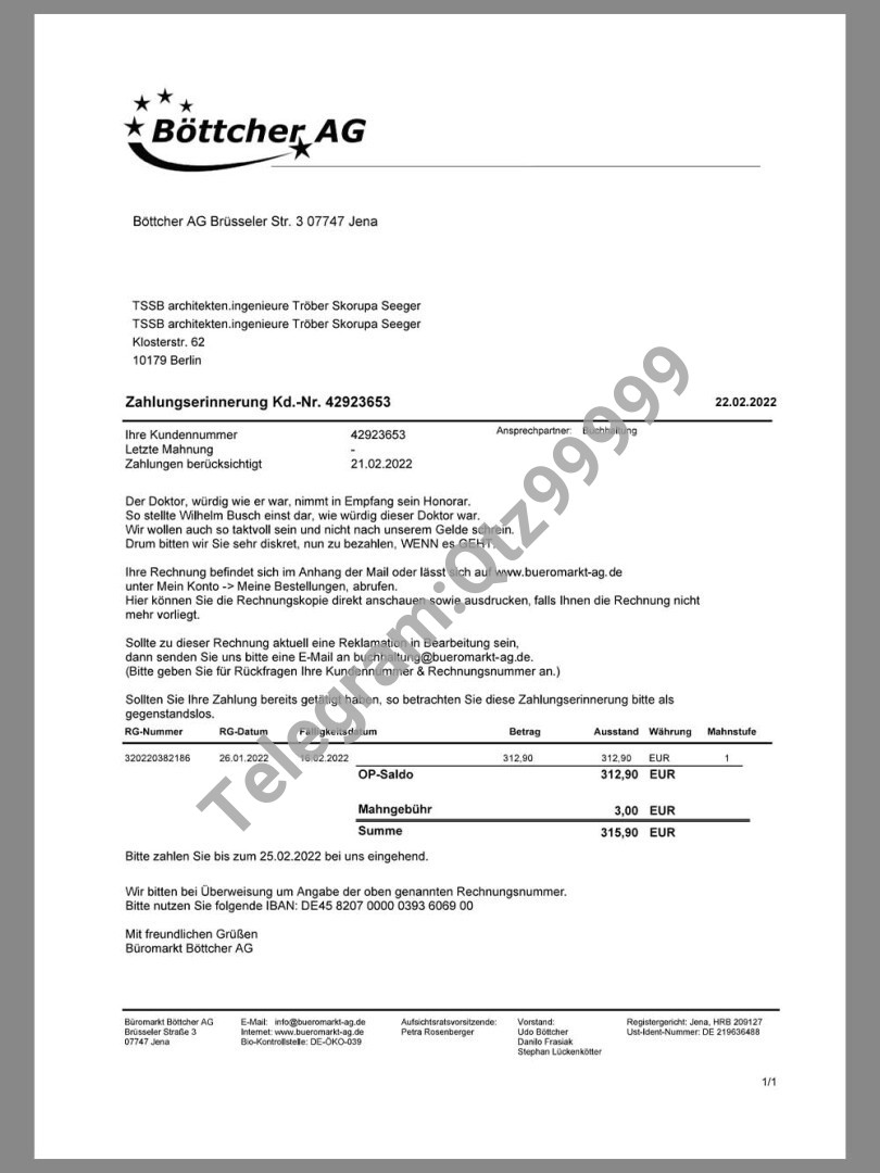 欧盟|Germany Böttcher AG Buy Invoice德国购物账单/KYC地址证明pdf模板 高清原件/PDF/PSD下载 - 地址证明风控解除