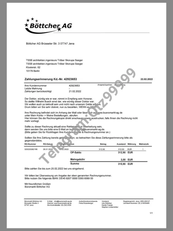 欧盟|Germany Böttcher AG Buy Invoice德国购物账单/KYC地址证明pdf模板