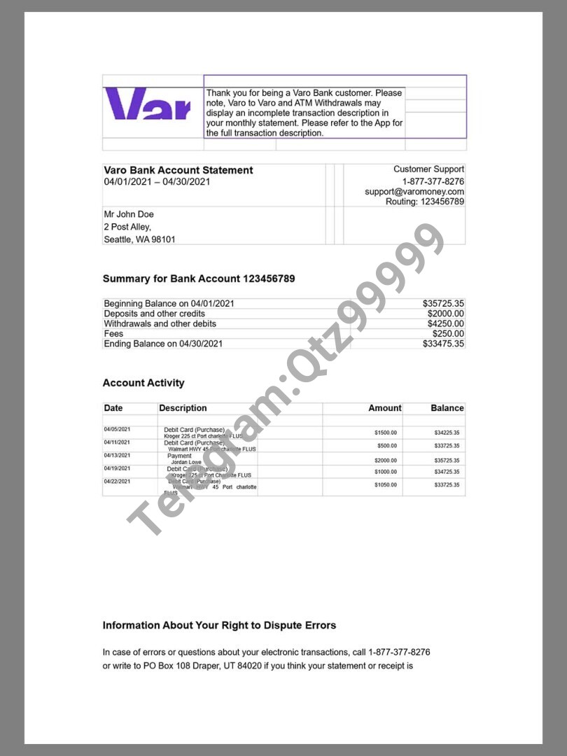 网络银行Varo Bank Statement银行账单/KYC地址证明word模板 高清原件/PDF/PSD下载 - 地址证明风控解除