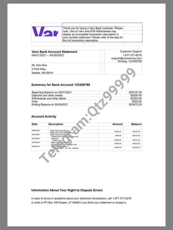 网络银行Varo Bank Statement银行账单/KYC地址证明word模板