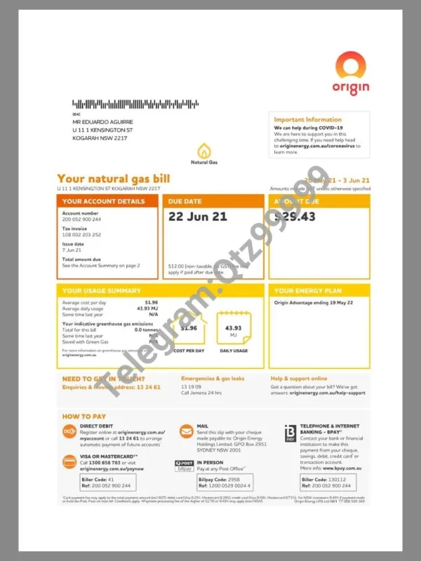 澳洲|Australia Origin Natural Gas Utility Bills澳大利亚水电费账单pdf模板