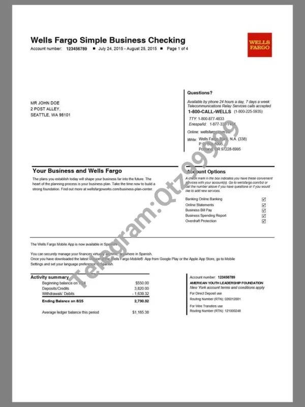美国富国银行Wells Fargo Bank Statement银行账单/KYC地址证明word模板