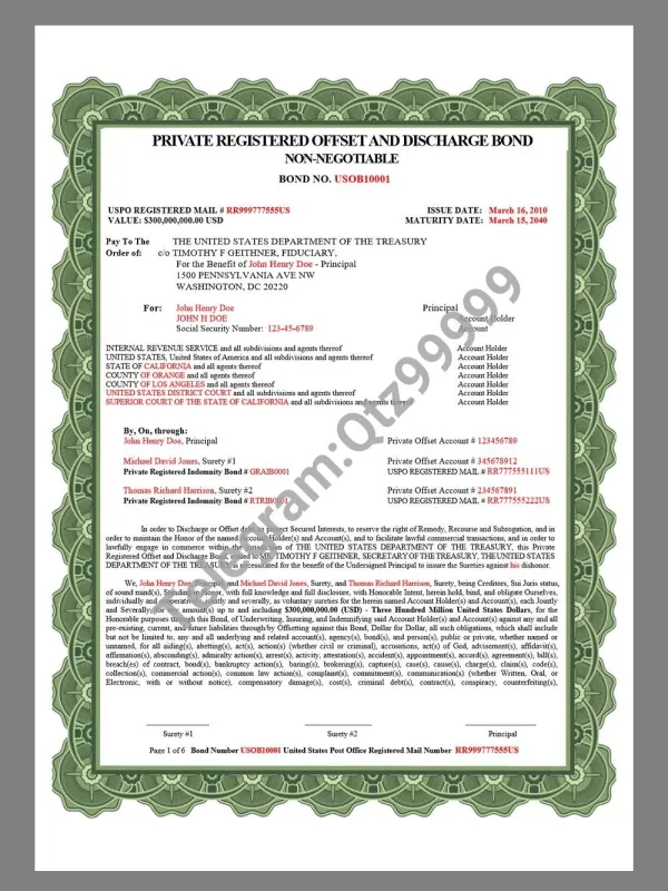 USA Private Registered Offset and Discharge Bond私人债务契约模板V2