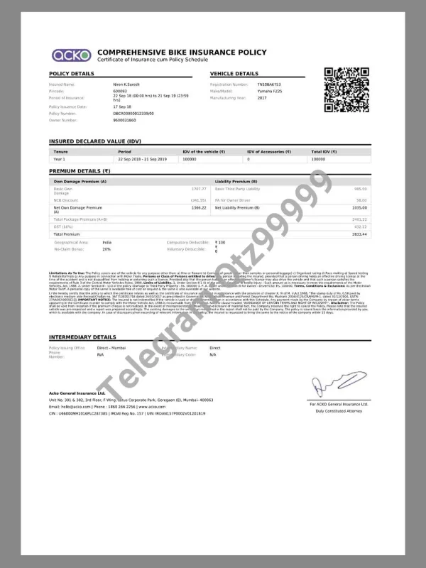 India Acko Comprehensive Bike Insurance Policy印度自行车保单pdf模板