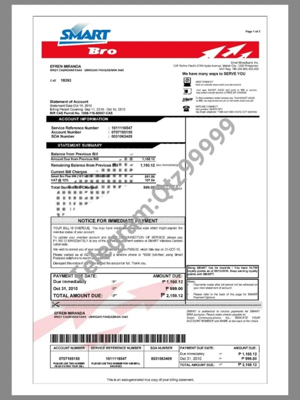东南亚|Philippines Smart Bro Mobile Invoice菲律宾宽带/话费账单pdf模板