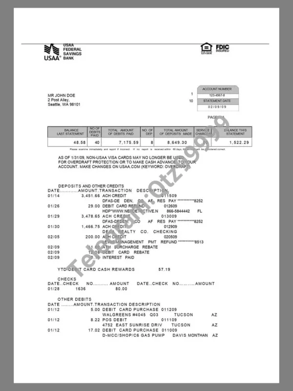 北美|美国USAA Bank Statement银行账单/KYC地址证明word模板 V2