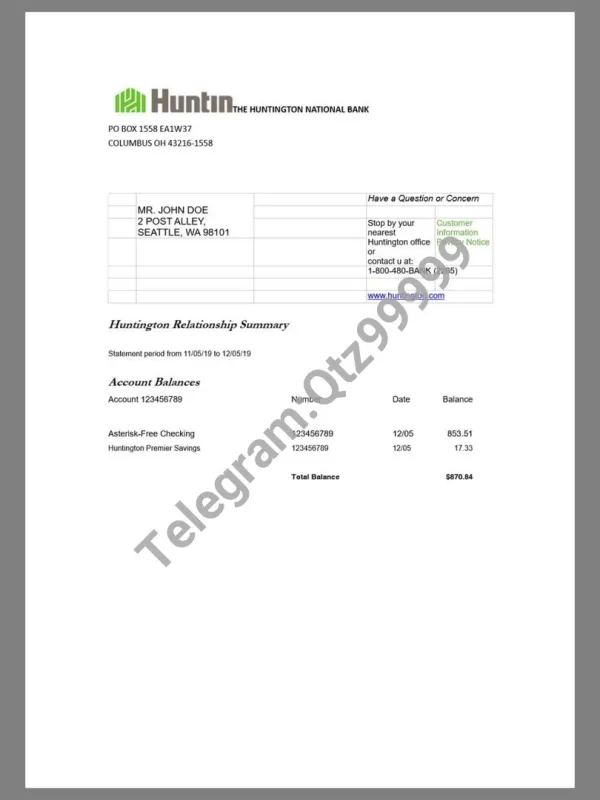 美国Huntington Bank Statement银行账单/KYC地址证明word模板