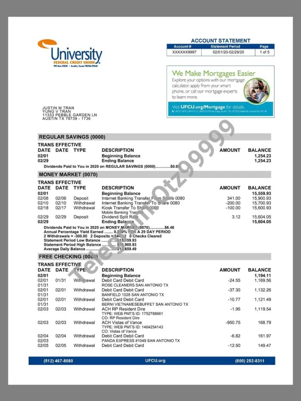 USA Texas UFCU Bank Statement美国得克萨斯州银行账单pdf模板