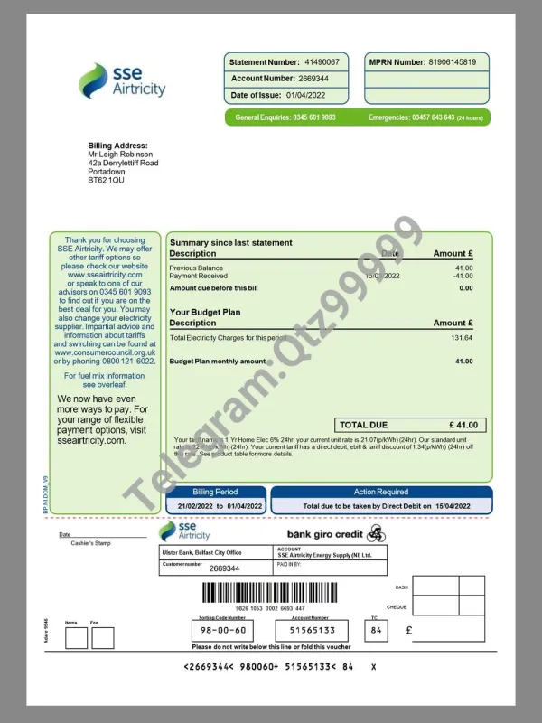 欧盟|Ireland SSE Airtricity Electricity Bills爱尔兰水电费账单pdf模板