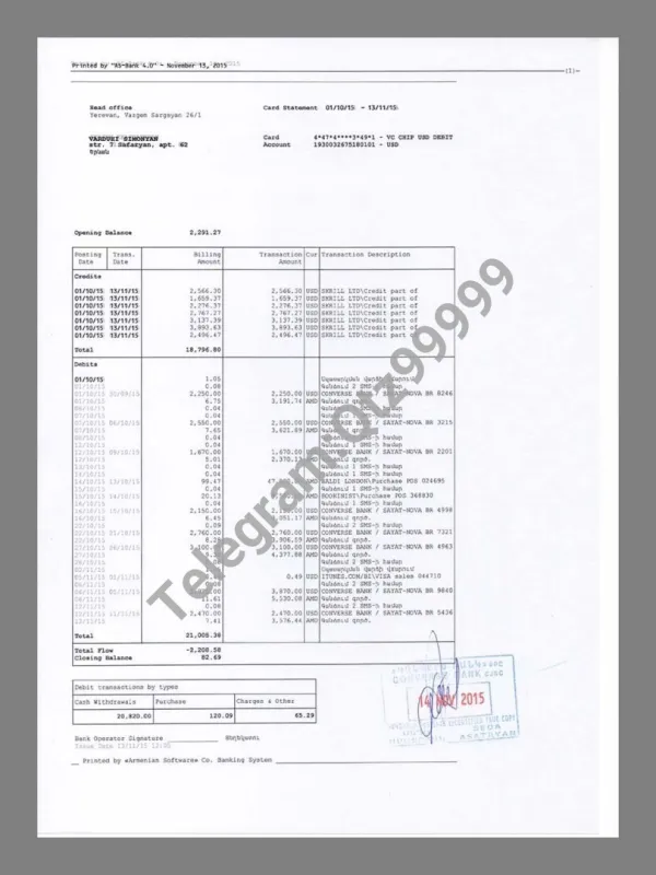 Armenia亚美尼亚Utility Bills水电费账单/KYC地址证明psd模板